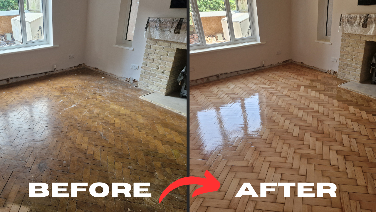 Wood Floor Waxing in Chelsea on herringbone oak parquet (solid oak blocks) — before-and-after restoration showing a dull, stained floor transformed to a clean satin sheen around the fireplace.