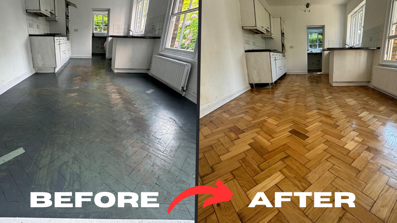 Wood Floor Waxing in Chelsea on herringbone oak parquet (solid oak blocks) in a kitchen—split before-and-after showing a dark, worn floor restored to a warm satin finish.