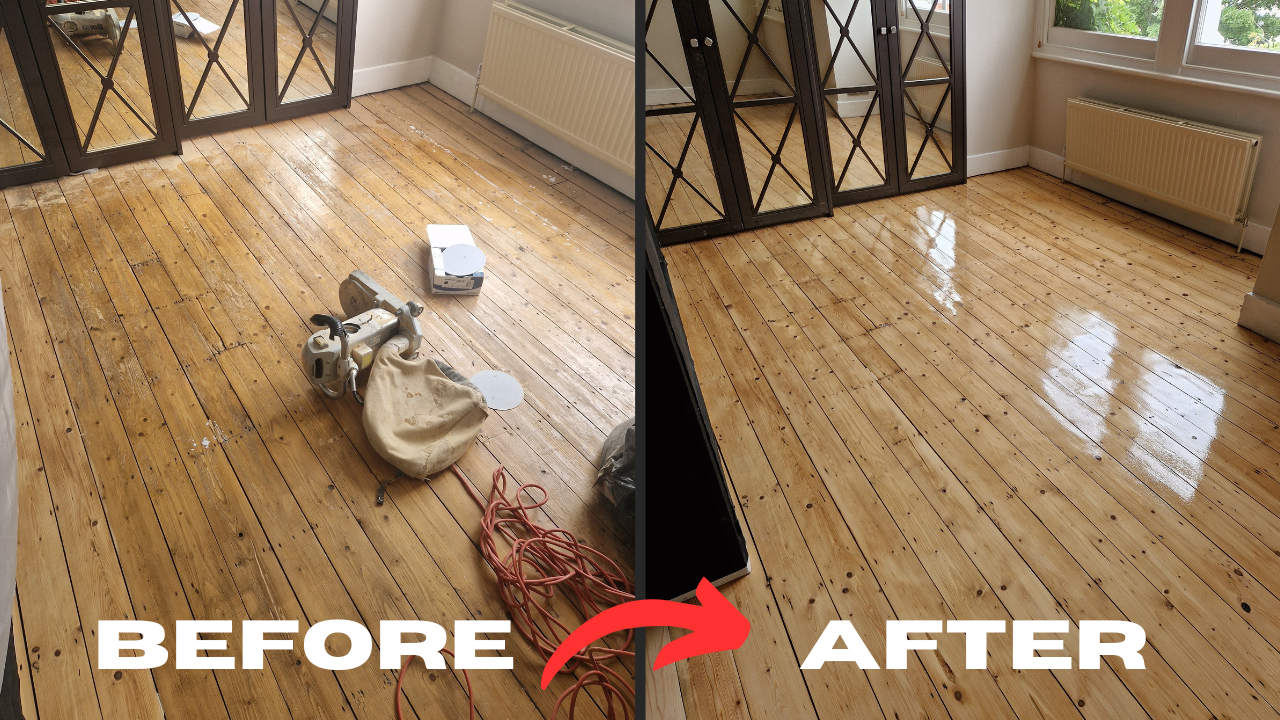 Wood Floor Waxing in Chelsea on Victorian pine floorboards (softwood) — split image showing sanded, dull boards before and a uniform, glossy waxed finish after.