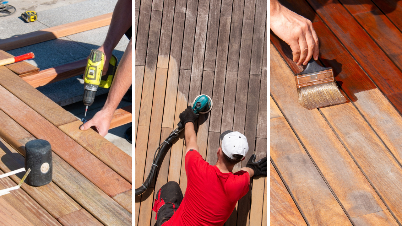 Deck Sanding in Chelsea showing the full process on an exterior hardwood timber decking floor, from repairs to sanding and oiling.