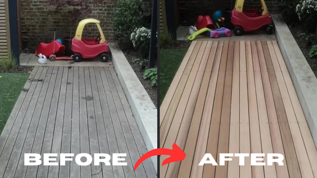Before and after Deck Sanding in Chelsea on a softwood timber garden decking floor, showing the transformation from grey, weathered boards to clean, fresh wood.