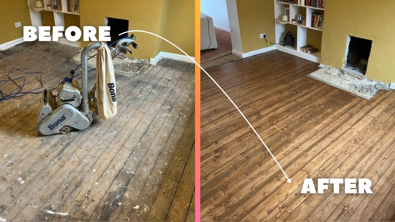 Wood Floor Sanding in Chelsea showing before and after restoration of pine floorboards in a living room, transformed from worn and scratched to smooth, rich-toned timber.