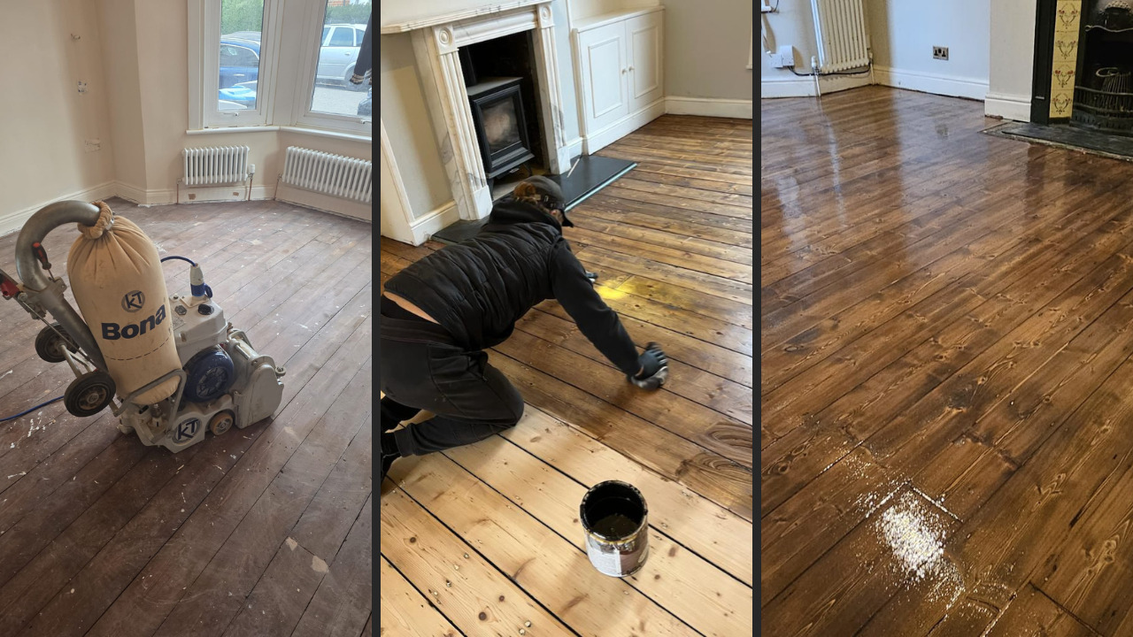 Wood Floor Sanding in Chelsea on pine softwood floorboards, showing sanding, staining and sealing stages in a living room for a full restoration.