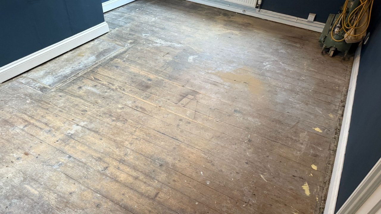 Wood Floor Sanding in Chelsea on worn pine softwood floorboards in a blue-walled room before restoration.