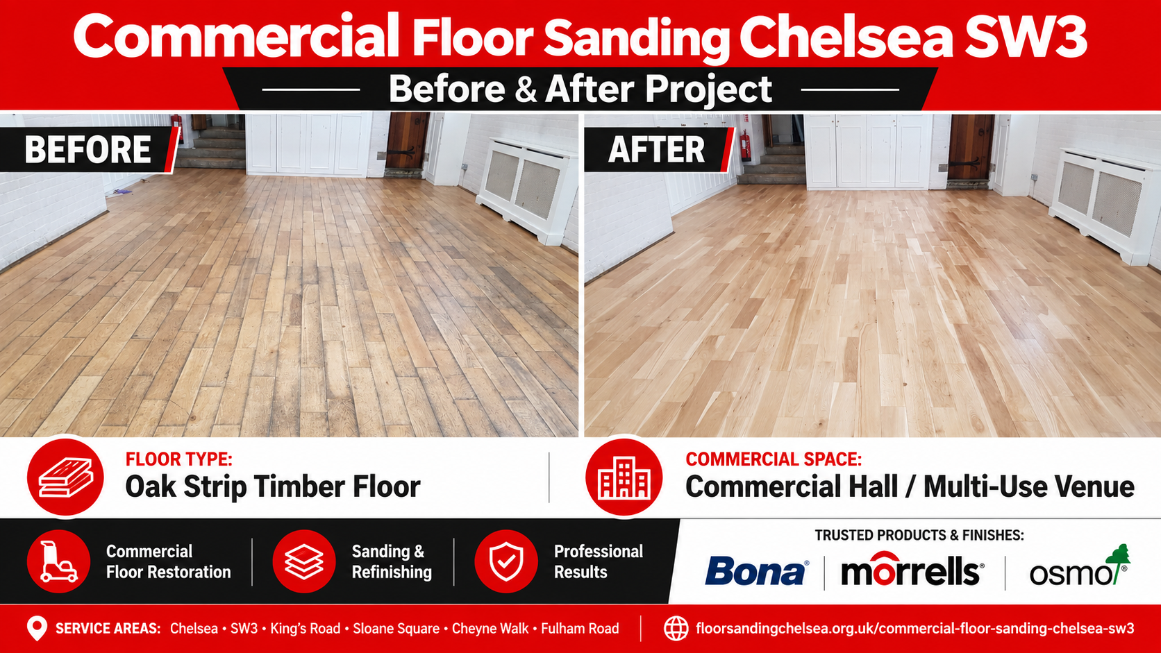 Before and after commercial floor sanding in Chelsea SW3 showing an oak strip timber floor restored and refinished in a commercial hall or multi-use venue.