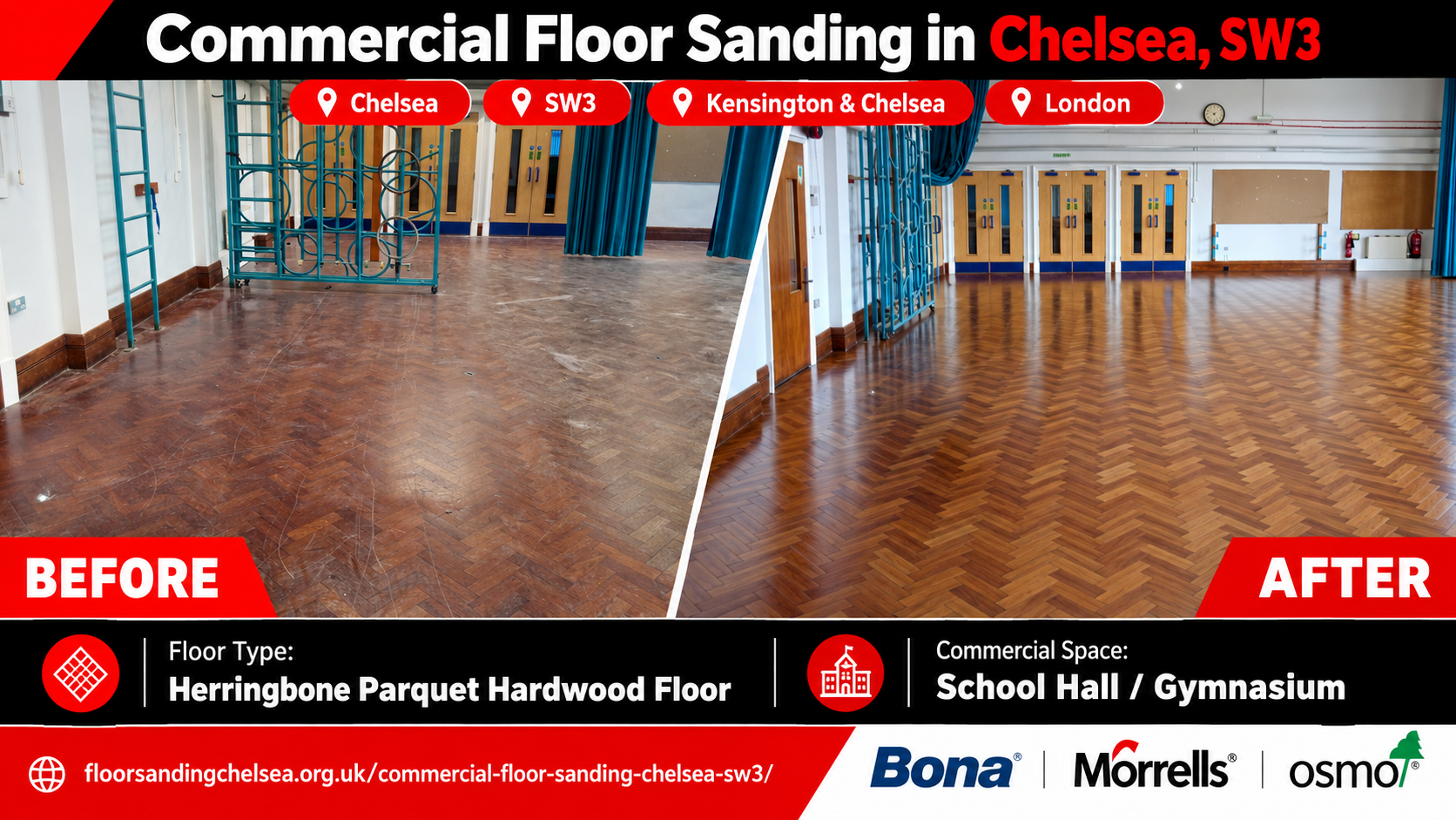 Before and after commercial floor sanding in Chelsea, SW3, showing a worn herringbone parquet hardwood floor in a school hall or gymnasium restored to a smooth, polished finish.